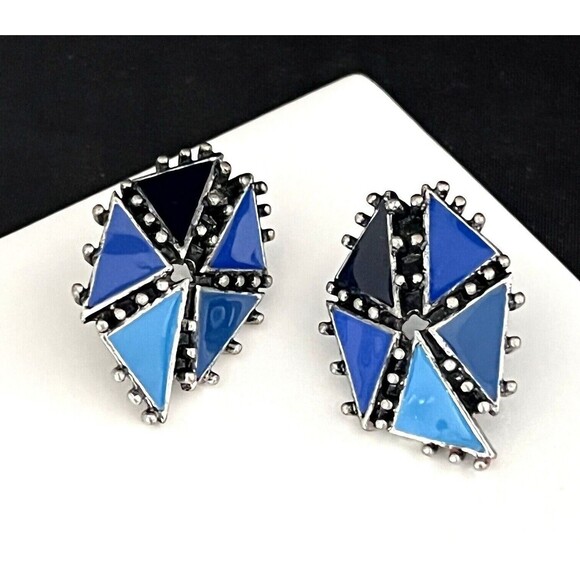 Vintage Earrings Blue Enamel Antique Silver Tone 80s Retro Glam 1H - Picture 3 of 4